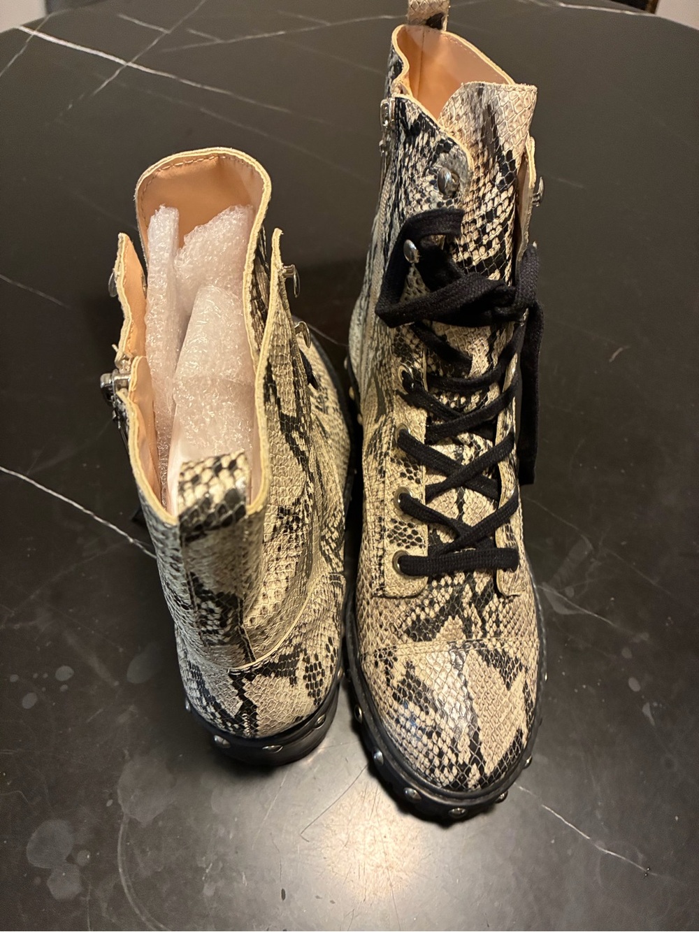 SCHUTZ Snake Print Combat Boots in Beige and Black